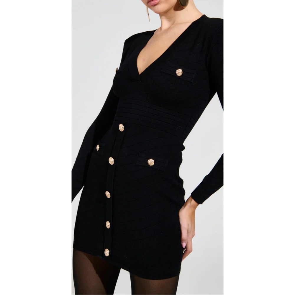 Trendy Threads Black Bandage Mini Dress Gold Button V-Neck Long Sleeve (29)